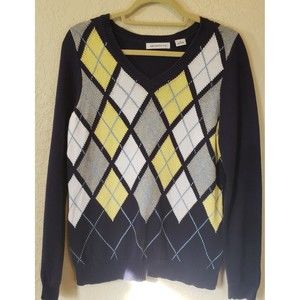 Liz Claiborne Womens Argyle Sweater Blue Yellow Long Sleeve Size Medium